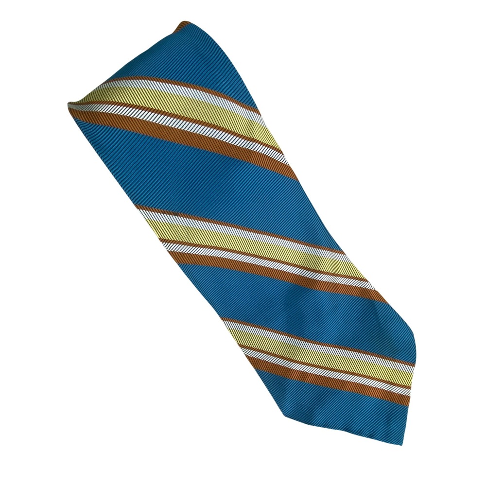 VTG Repp Classic Tie Mens Teal Blue Yellow Rust Brown Striped Preppy 58x3.7